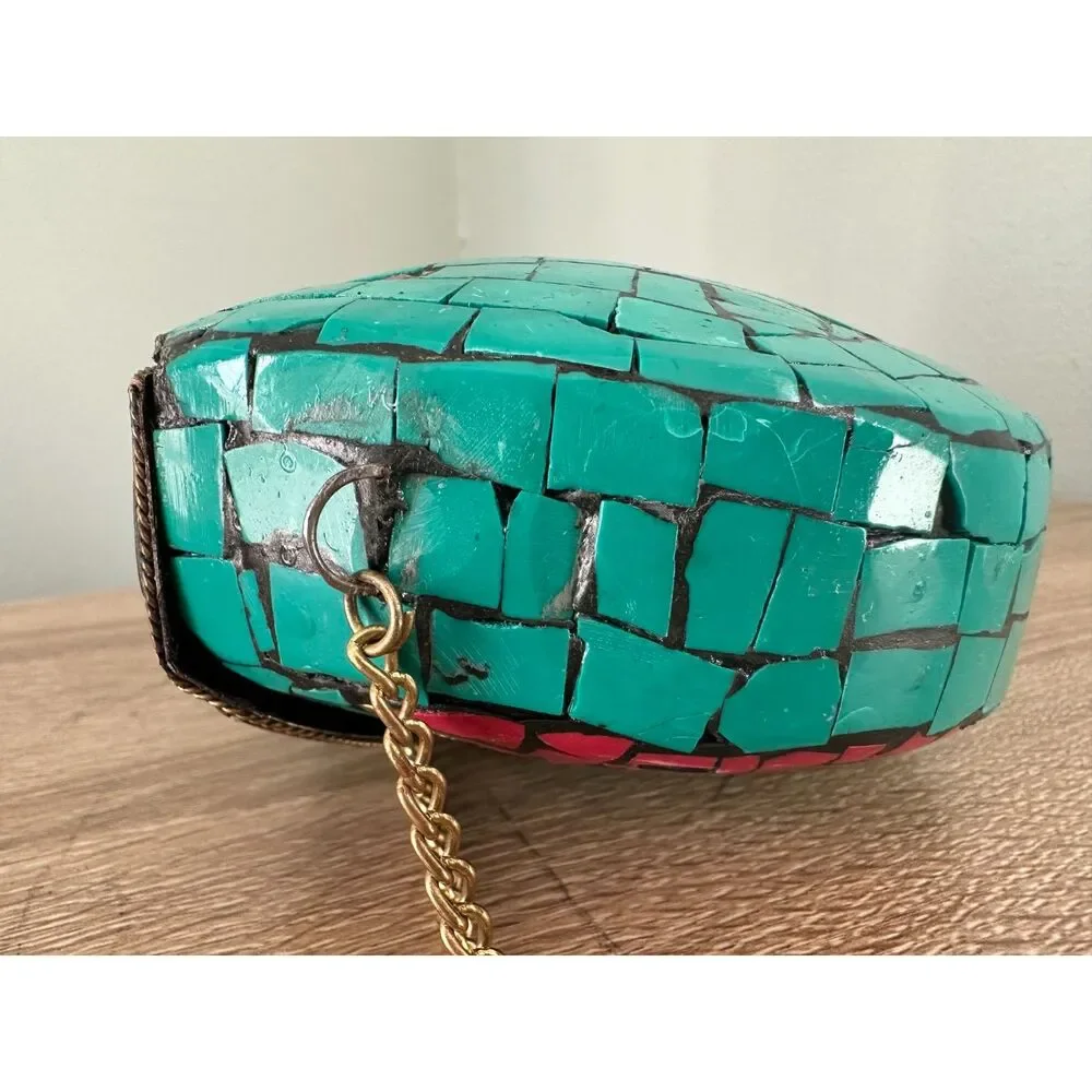 Vintage Turquoise Mosaic Tile Purse Coral Stone Inlay Crossbody Gold Chain Bag